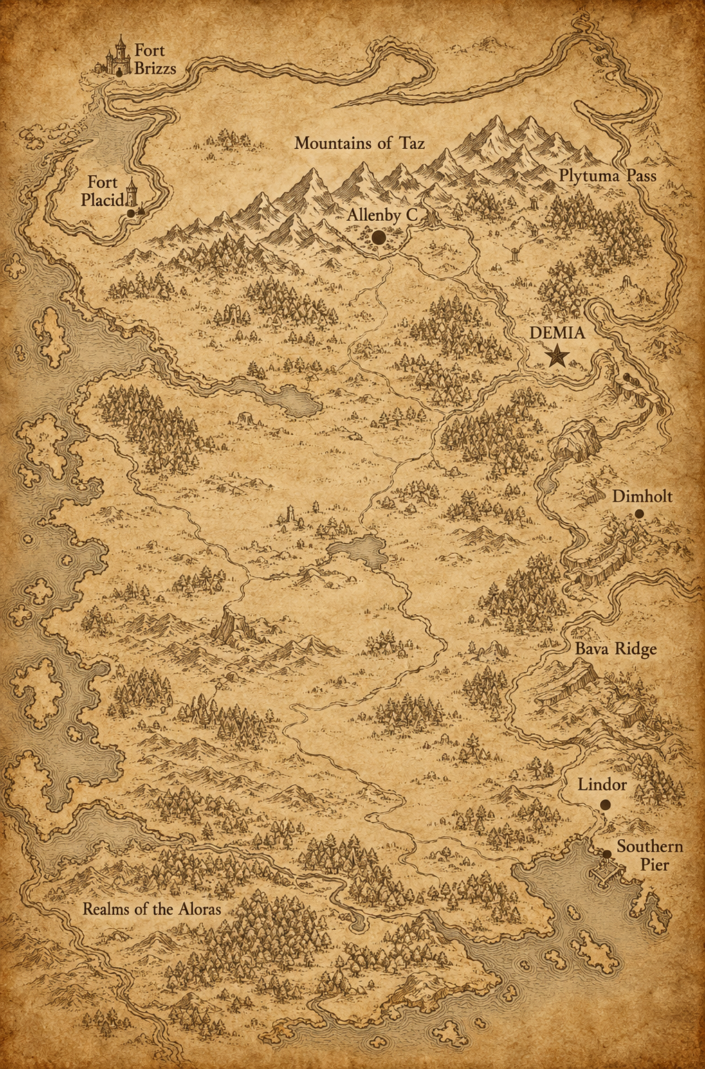 Illustrated map of Pridge, showing DEMIA, Fort Placid, the Mountains of Taz, and the Southern Pier